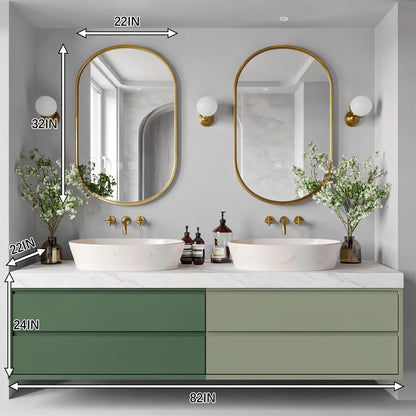 60"-96"Modern Green Bathroom Vanity with White Marble Top & Oval Gold Frame Mirrors