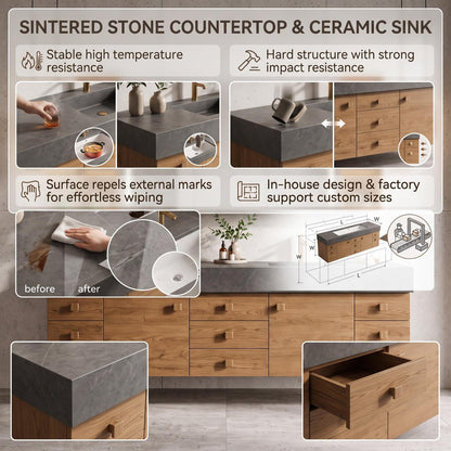 52''-110'' Luxurious Bathroom Vanity Sinks Set with Brown Finish and Storage Space