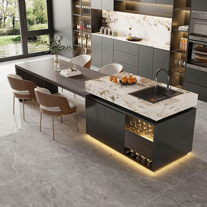 56"-96"Contemporary Kitchen Island with Sink, Wine Rack & Integrated Dining Table