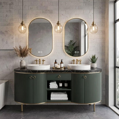 60"-96"Freestanding Green Bathroom Vanity with Double Vessel Sinks & LED Mirrors