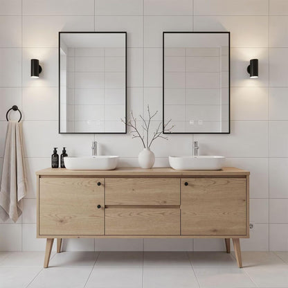 60"-96"Modern Scandinavian Bathroom Vanity with Double Sinks & Oak Cabinet