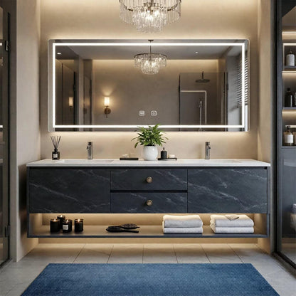 60”-84”Double Sink Floating Bathroom Vanity with LED Backlit Mirror, Black Marble Cabinet