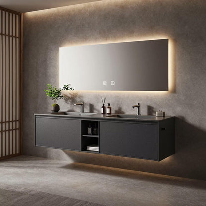 60”-84”Double Sink Floating Bathroom Vanity with LED Backlit Mirror, Dark Gray Textured Cabinet