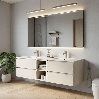 60"-84"Modern White Wood Bathroom Vanity with Open Storage & Integrated Sinks, LED Mirror