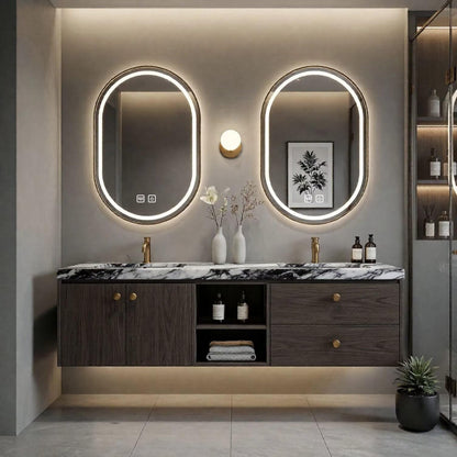 60"-84"Wall-Mounted Bathroom Vanity with Double Sink, Marble Countertop & Gold Knobs