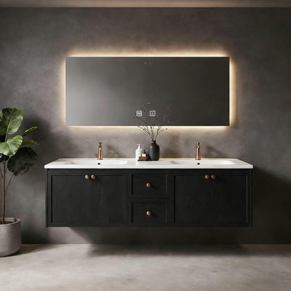 60”-84”Double Sink Floating Bathroom Vanity with LED Mirror, Black Cabinet & Gold Hardware