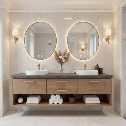 60”-96” Modern Wood Double Sink Vanity with Open Shelf, Dark Stone Top & Gold Handles
