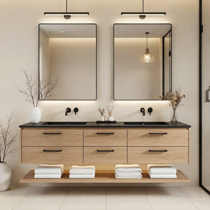60"-84"Light Oak Floating Bathroom Vanity Set with Black Countertop & Handles