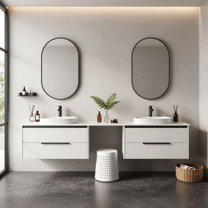 60"-84"Modern Wall-Mounted Vanity with Marble Top & Black Hardware & Framed Mirrors