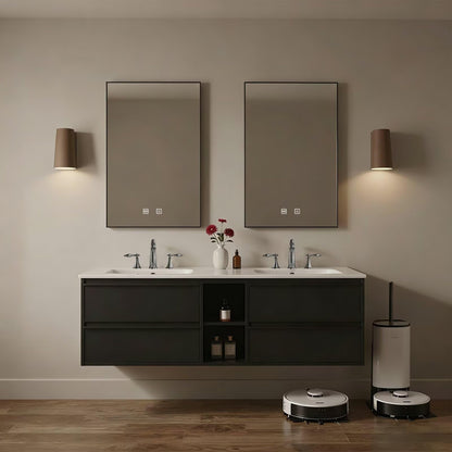 60"-84"Floating Black Bathroom Vanity with Open Shelf & Dual LED Mirrors