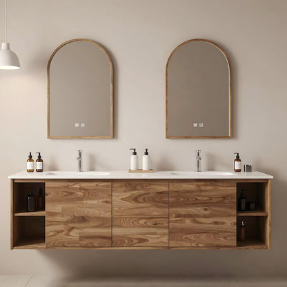 60”-84” Wall Mounted Double Sink Bathroom Vanity with Arched LED Mirrors, Wood Floating Cabinet with White Stone Top, Natural