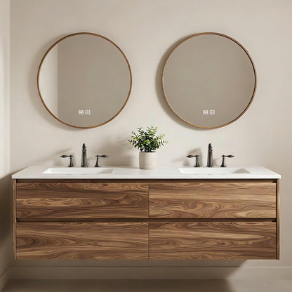 60”-84”Walnut Wood Floating Bathroom Vanity with Double Sink, Modern Wall-Mounted Vanity with LED Backlit Round Mirrors & White Stone Top