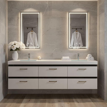60”-84”Double Sink Floating Bathroom Vanity with LED Rectangular Mirrors, White Modern Cabinet