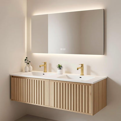 60”-84” Double Sink Floating Bathroom Vanity with LED Backlit Mirror, Wall Mounted Fluted Oak Vanity with White Top & Gold Faucets