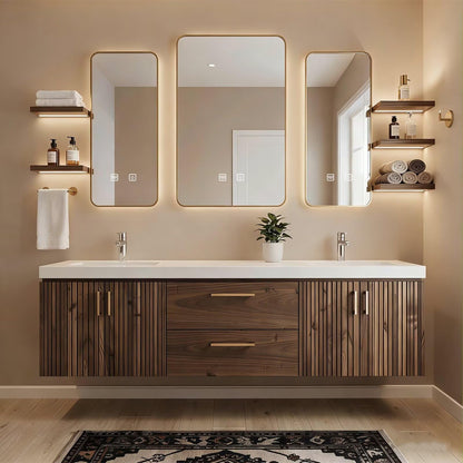 60"-84"Ribbed Wood Floating Bathroom Vanity with Double Sinks & Gold Framed LED Mirrors