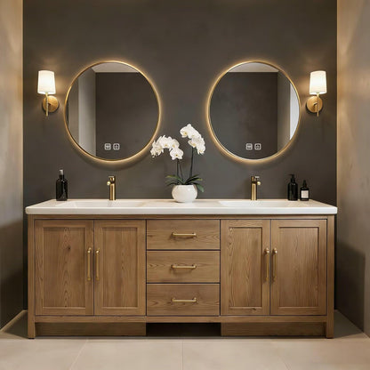 64"-96"Modern Oak Bathroom Vanity Set with Gold Hardware & White Top