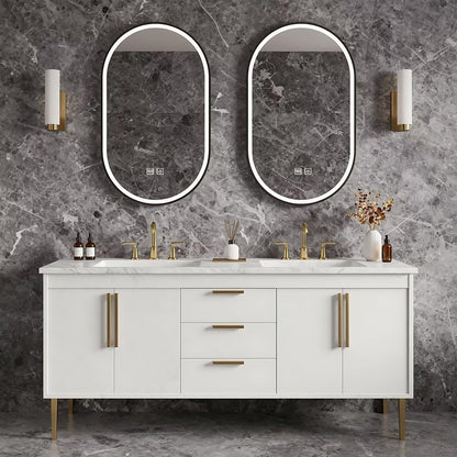 60”-84” Double Sink Bathroom Vanity with LED Oval Mirrors, Freestanding Cabinet with Marble Top, White with Gold Hardware