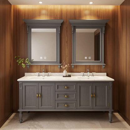 60”-112”Grey Bathroom Vanity with Double Sinks, Marble Countertop and Storage Cabinets