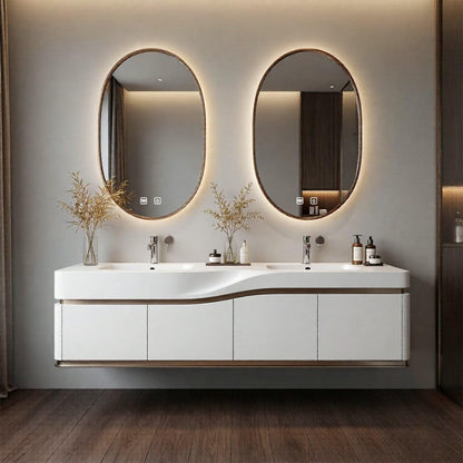 60”-96”Sleek White Bathroom Vanity with Backlit LED Mirrors, Integrated Double Sinks & Gold Trim