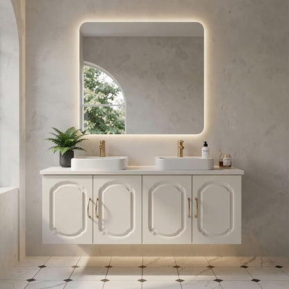 60”-84”Double Sink Vanity with LED Mirror, Cream Floating Cabinet & Gold Hardware