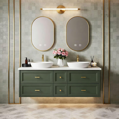 60”-84” Floating Vanity, Sage Green Double Sink Cabinet with Gold Oval LED Mirrors