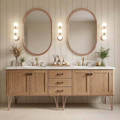 60"-96"Light Oak Double Sink Bathroom Vanity with Marble Top & Rose Gold Legs