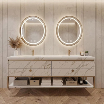 60"-84"Freestanding Marble Bathroom Vanity with Double Sinks & LED Round Mirrors