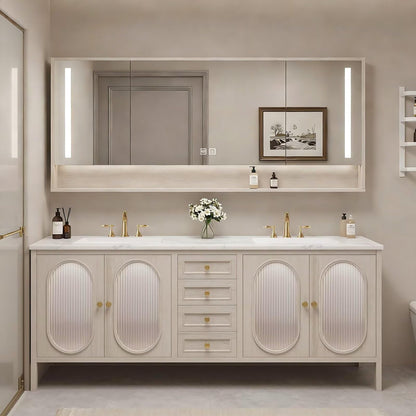 60”-84”Double Sink Bathroom Vanity with LED Mirrors, Wood Floating Cabinet with Marble Top, Modern French Country Style, Beige