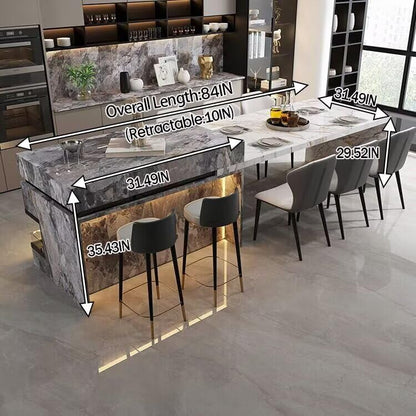 56“-96”Modern Marble Kitchen Island with LED Lighting, Multi-functional Countertop