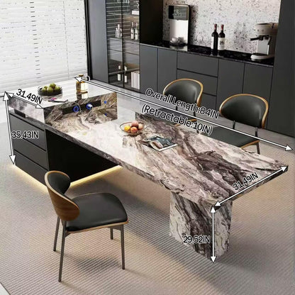 80"-96"Luxury Marble Kitchen Island with Dining Table, Built-in Charging Station & LED Light