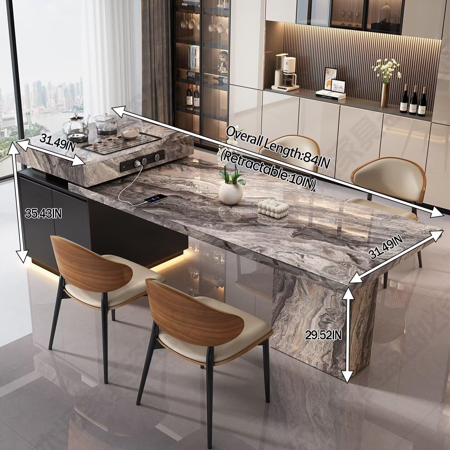 80“-96”Marble Kitchen Island with Tea Station, Dining Table & Built-in Power Outlet