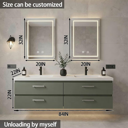 60”-84”Double Sink Floating Bathroom Vanity with LED Mirrors, Sage Green Cabinet & Silver Hardware