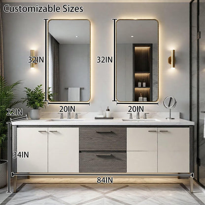 60"-96"Modern Two-Tone Bathroom Vanity with Double Sinks & Marble Top, Gold Accents