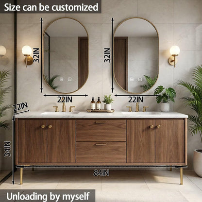 64"-84"Modern Walnut Bathroom Vanity Set with Marble Top & Gold Legs