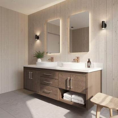 60"-96"Modern Wood Vanity with Stone Countertop, Drawers & Open Storage