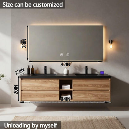 60"-84"Floating Oak Bathroom Vanity with Double Sinks & LED Mirror