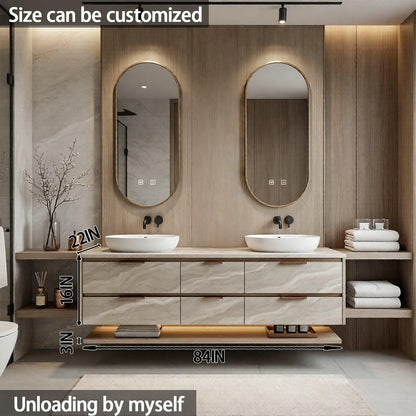 60”-84”Double Floating Vanity, Light Beige Cabinet with LED Backlit Mirror