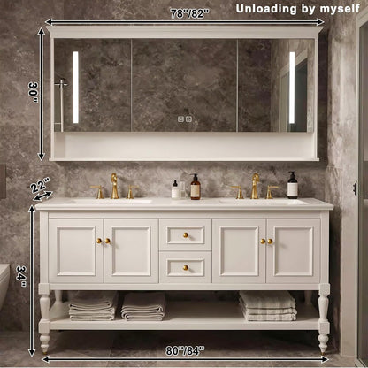 60”-84”Double Sink Freestanding Bathroom Vanity, White Shaker Cabinet with Gold Hardware