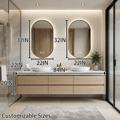 60"-96"Modern Wall-Mounted Vanity with Marble Top & Gold Hardware & Soft-Close Drawers