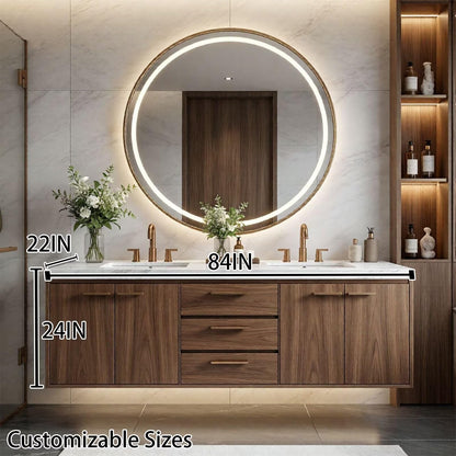 60"-96"Luxury Bathroom Vanity with Dark Walnut Finish & LED Lighted Round Mirror