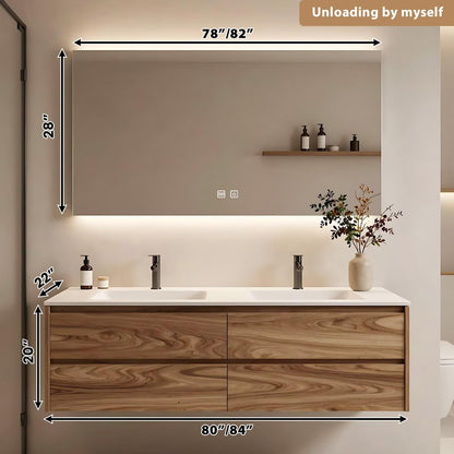 60”-84” Double Sink Floating Bathroom Vanity with LED Backlit Mirror, Wall Mounted Walnut Vanity with White Top & Storage