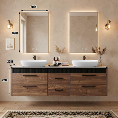 60"-96"Modern Wood Vanity with Black Fluted Trim & 6 Drawer Storage