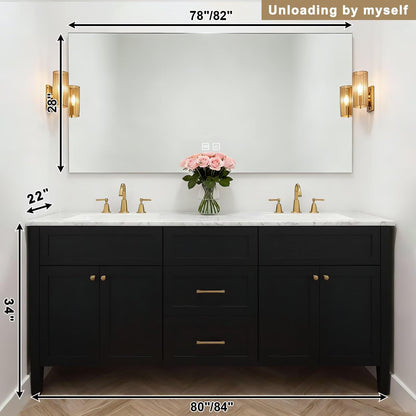 60”-84”Double Sink Freestanding Bathroom Vanity, Black Shaker Cabinet with Gold Hardware