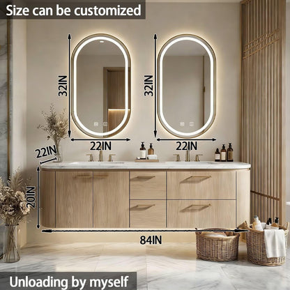 60"-84"Floating Oak Bathroom Vanity with Double Sinks & LED Oval Mirrors