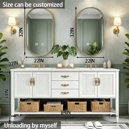 60”-84”Double Sink Freestanding Vanity with Gold Oval Mirrors, White Cabinet & Marble Top