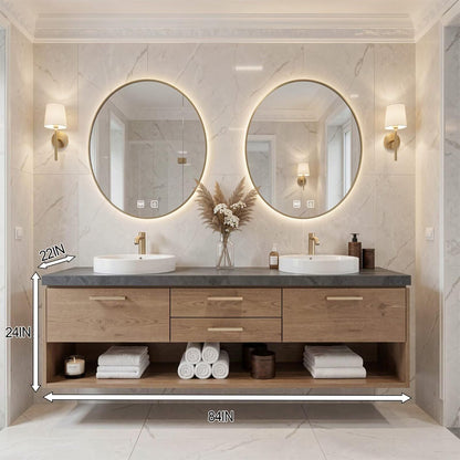 60”-96” Modern Wood Double Sink Vanity with Open Shelf, Dark Stone Top & Gold Handles