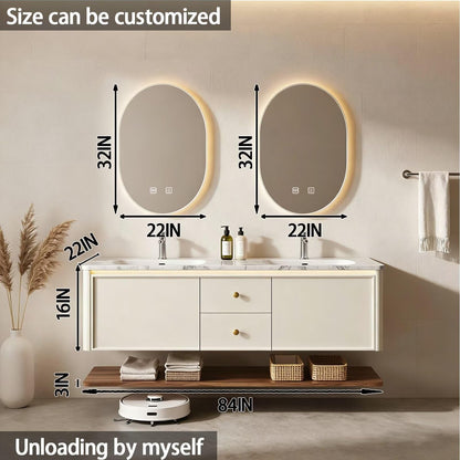 60"-84"Modern Cream Floating Bathroom Vanity Set with Marble Top & Open Shelf