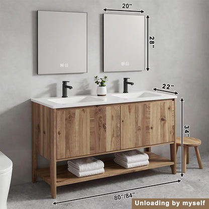 60”-84”Double Sink Freestanding Bathroom Vanity, Solid Teak Cabinet with Open Shelf & LED Mirrors