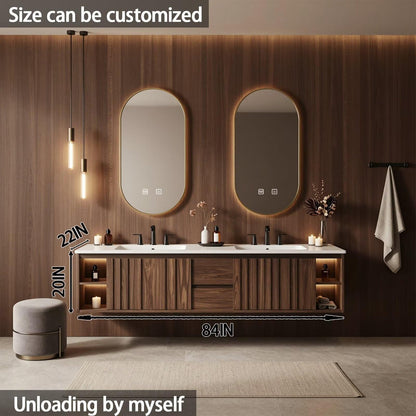 60”-84”Double Sink Floating Bathroom Vanity with LED Oval Mirrors, Walnut Fluted Cabinet