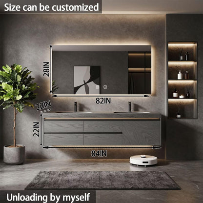 60”-84”Double Sink Floating Bathroom Vanity with LED Backlit Mirror, Gray Wood Cabinet